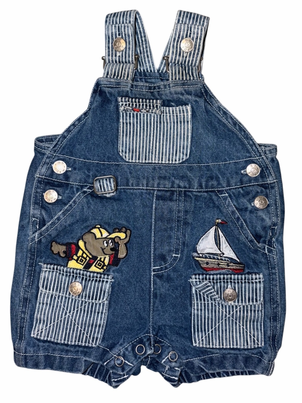 EUC Vintage Y2K BT Kids Denim Overalls 3-6m Teddy Bear Sailboat Railroad Stripe
